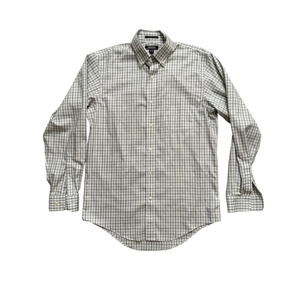 Gray Plaid No Iron Buttondown Lands’ End Dress Shirt Men 15 - 34